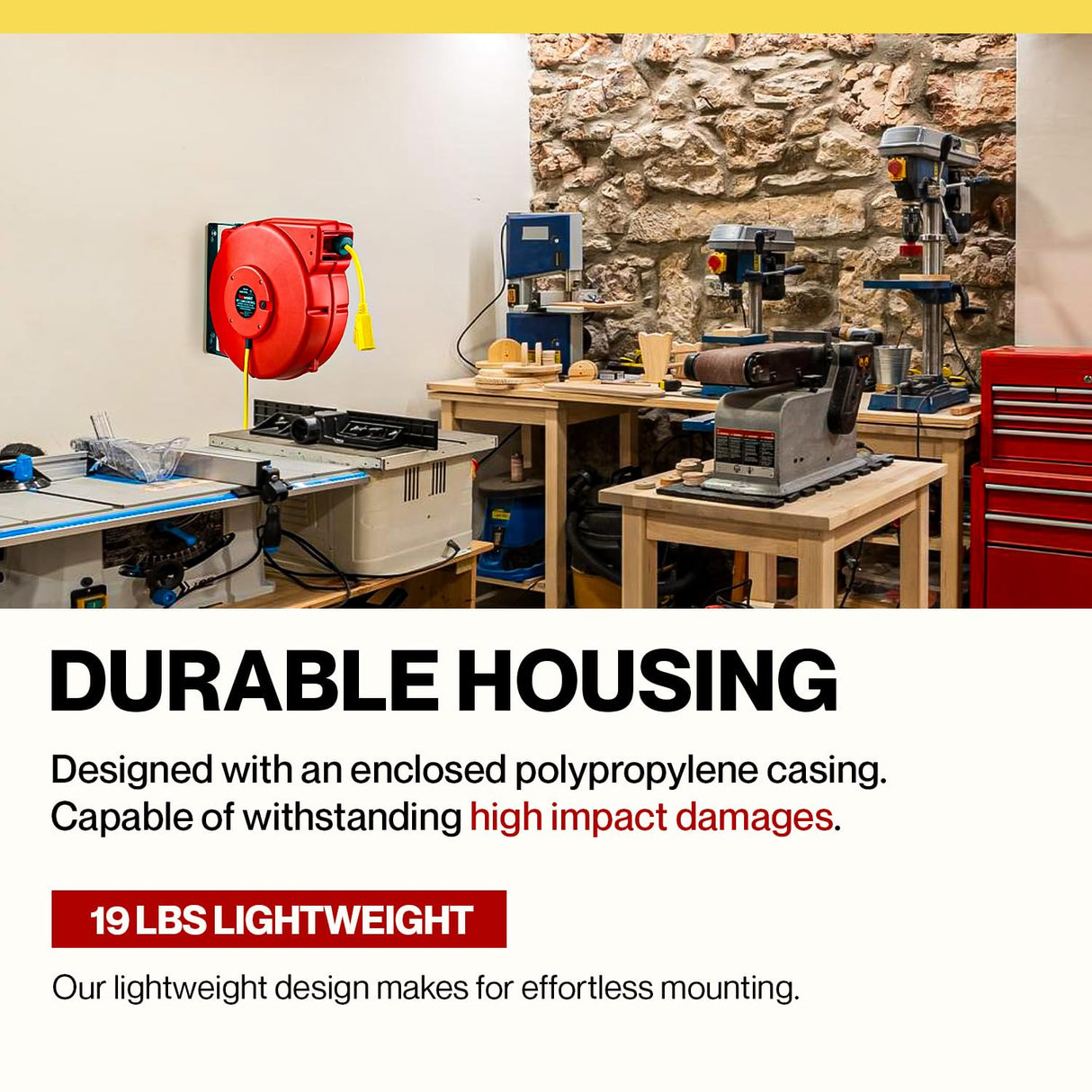 ReelWorks Extension Cord Reel Retractable 12AWG x 65' Foot 3C/SJT Heavy Duty Commercial Cable Triple Tap Connector Power 15A 125VAC 1875W ReelWorks