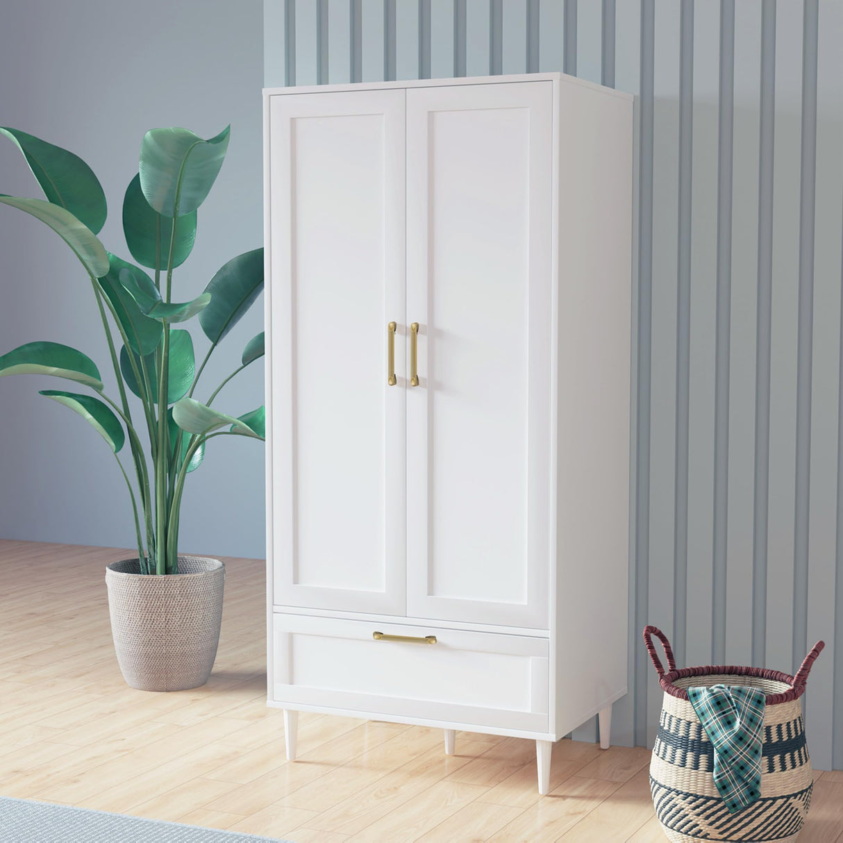 ALBSL Bedroom Armoire Wardrobe Closet with Hanging Rod,60" 2 Door Almirah for Clothes with Drawers,Morden Storage Cabinet,White ALBSL