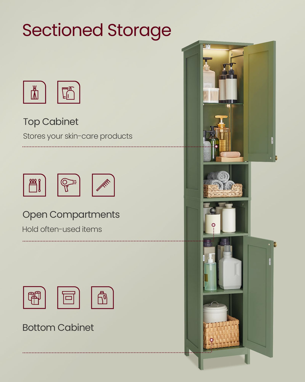 VASAGLE Tall Storage Cabinet with Lights, Slim Freestanding Cabinet with Adjustable Shelves, for Small Spaces, Bathroom, Living Room, Modern, 15.7 Inches Wide, Forest Green UBBC766C01 VASAGLE