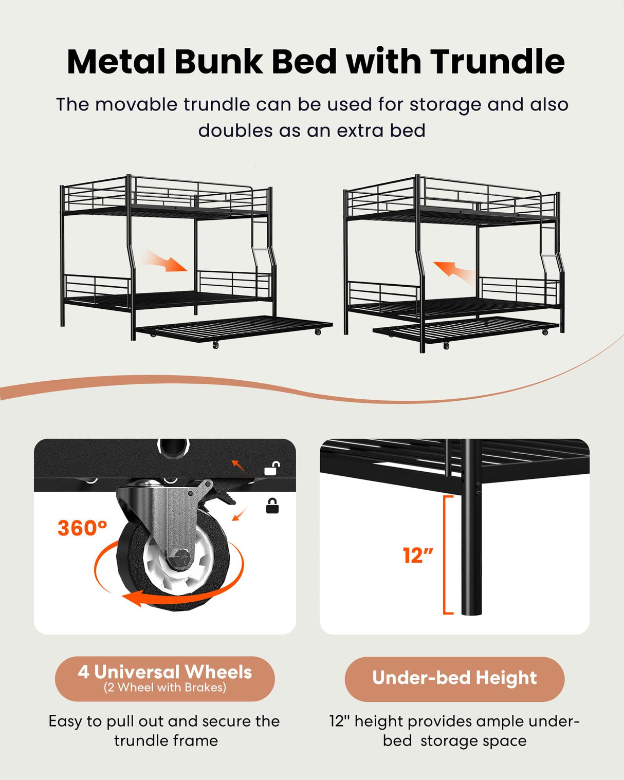 Mixcous Full XL Over Queen Bunk Bed with Trundle, Heavy-Duty Queen Bunk Bed with Safety Ladder and Full-Length Guardrail, Convertible to 3 Beds for Teens and Adults, Black Mixcous