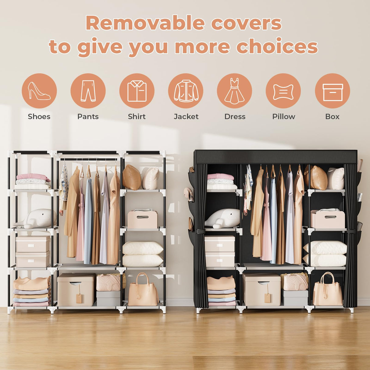 VTRIN Portable Closet Wardrobe for Hanging Clothes 57.3 Inch Large Capacity Clothes Rack with Cover, 10 Storage Organizer Shelves, 1 Hanging Rods and 6 Pockets, Free Standing Closet for Bedroom, Black VTRIN