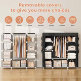 VTRIN Portable Closet Wardrobe for Hanging Clothes 57.3 Inch Large Capacity Clothes Rack with Cover, 10 Storage Organizer Shelves, 1 Hanging Rods and 6 Pockets, Free Standing Closet for Bedroom, Black VTRIN