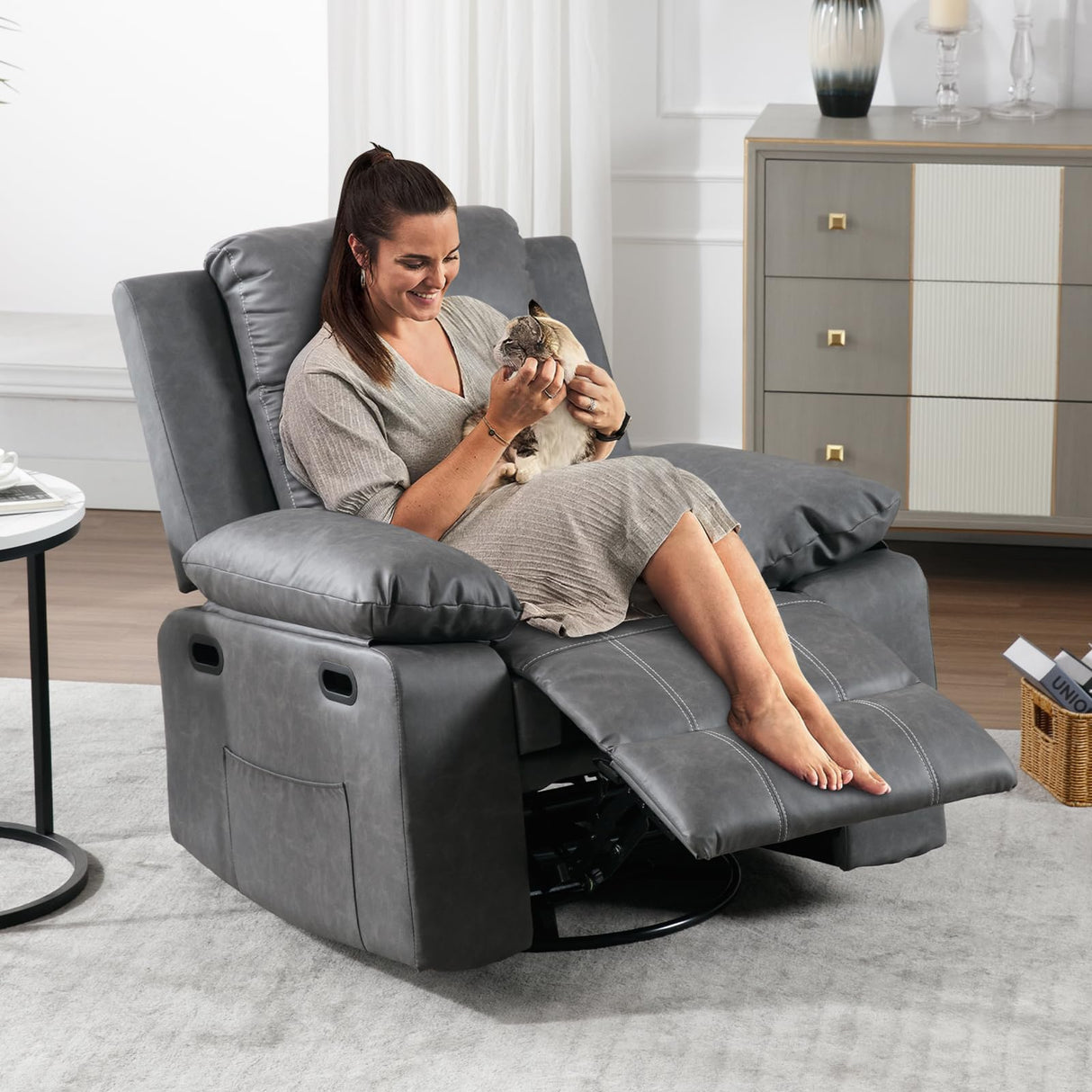Massage Recliner Chair for Adults,360 Degree Manual Swivel Rocker Recliner with Heat and Vibration,PU Leather Glider Rocking Reclining Chair for Home Theater Seating,Lounge,Nursery,Living Room(Grey) JEEOHEY