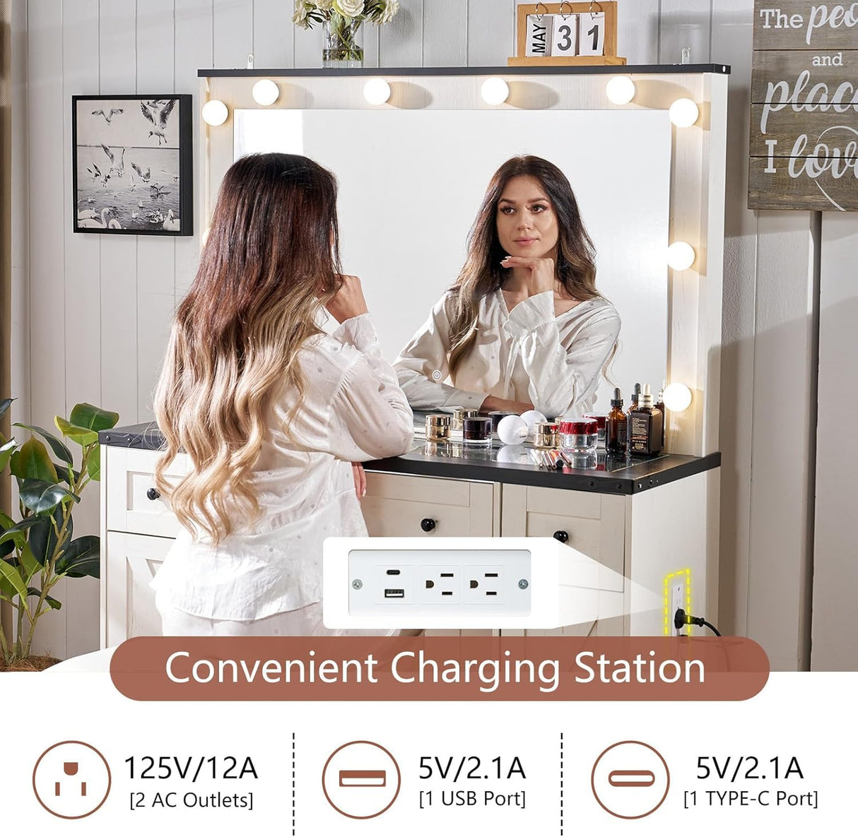 LUXOAK 43" Farmhouse Makeup Vanity Desk with Mirror, Lights, Power Outlet, Glass top Vanity with Storage Drawers & Adjustable Shelves, Hollywood Vanity for Bedroom, Girls, Womens, White LUXOAK