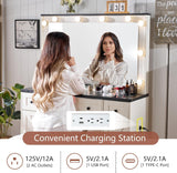 LUXOAK 43" Farmhouse Makeup Vanity Desk with Mirror, Lights, Power Outlet, Glass top Vanity with Storage Drawers & Adjustable Shelves, Hollywood Vanity for Bedroom, Girls, Womens, White LUXOAK