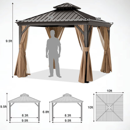 ABCCANOPY Hardtop Gazebo 10x10 - Outdoor Metal Hard Top Gazebo, Permanent Galvanized Steel Aluminum Framed Pavilion with Netting and Curtain for Patio Backyard Lawn Garden (Double Roof, Khaki)