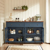 Joaxswe Farmhouse Sideboard Buffet Cabinet with Storage,59" Large Credenza with 4 Glass Doors & 2 Drawers,Adjustable Shelves Console Table,Wood Kitchen Coffee Bar for Dining Room,Living Room,Navy Blue Joaxswe