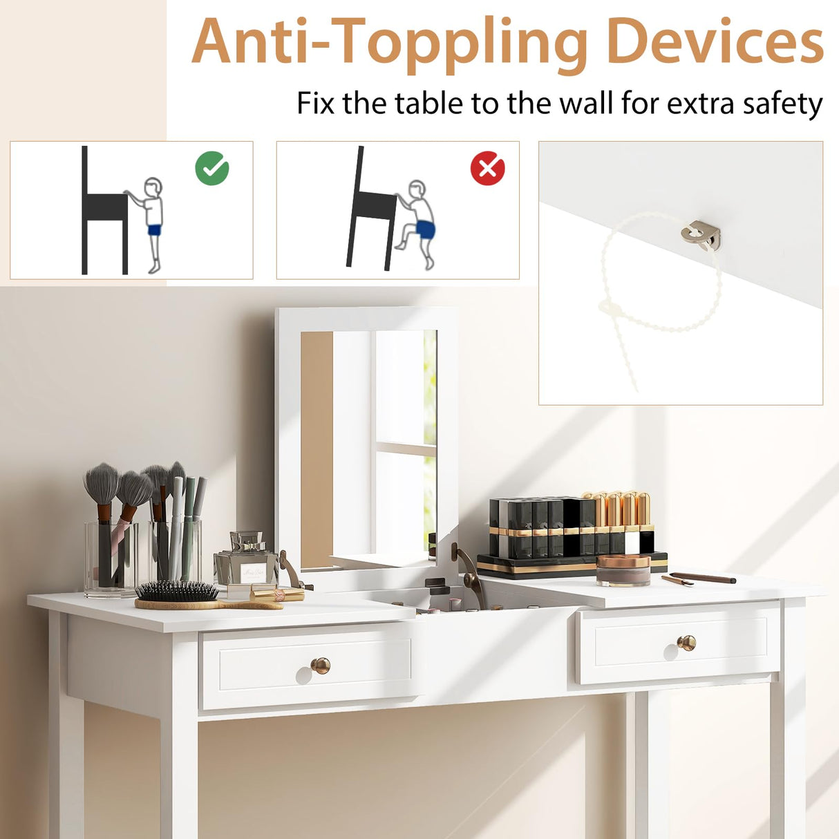 COSTWAY Vanity Desk with Flip Top Mirror, Dressing Table with 2 Drawers & 9 Storage Compartments, 44’’ Modern Makeup Desk for Girls Women Bedroom Dressing Room, White COSTWAY