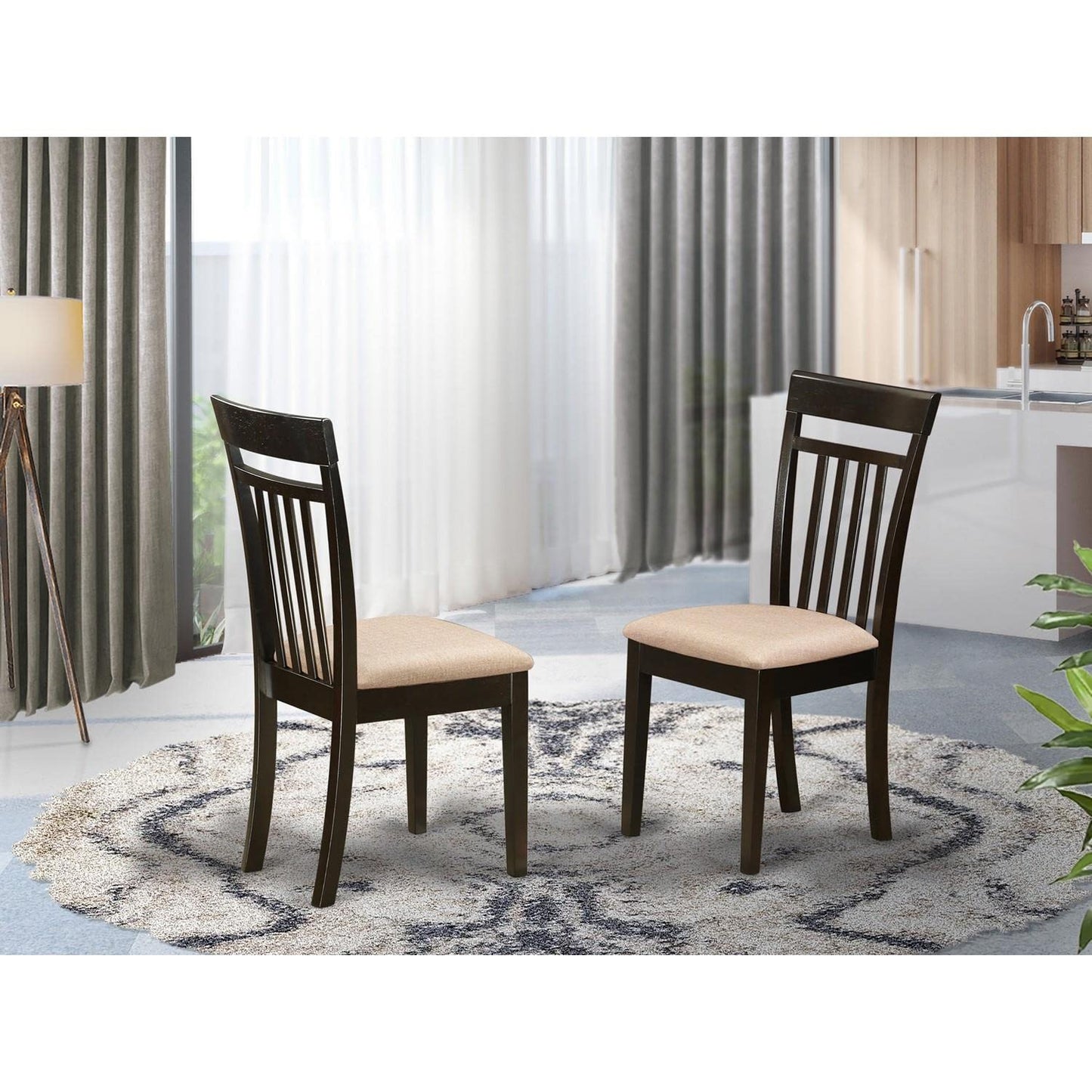 East West Furniture Capri Dining Room Linen Fabric Upholstered Solid Wood Chairs, Set of 2, Cappuccino