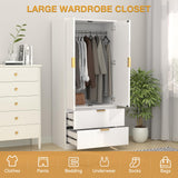 PPorfamilia 70" Wardrobe Closet with 2 Doors and 2 Drawers, Clothing Storage Cabinets with Hanging Rod, Modern Wooden Armoire Wardrobe Closet with Gold Handles for Bedroom Armoires Laundry PPorfamilia