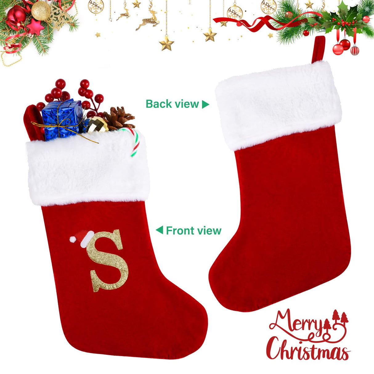 20 Inches Monogram Christmas Stockings with Letters, Large Super Soft Christmas Stockings Red Velvet with White Super Soft Plush Cuff for Christmas Xmas Tree Holiday Fireplace (S) Sailup