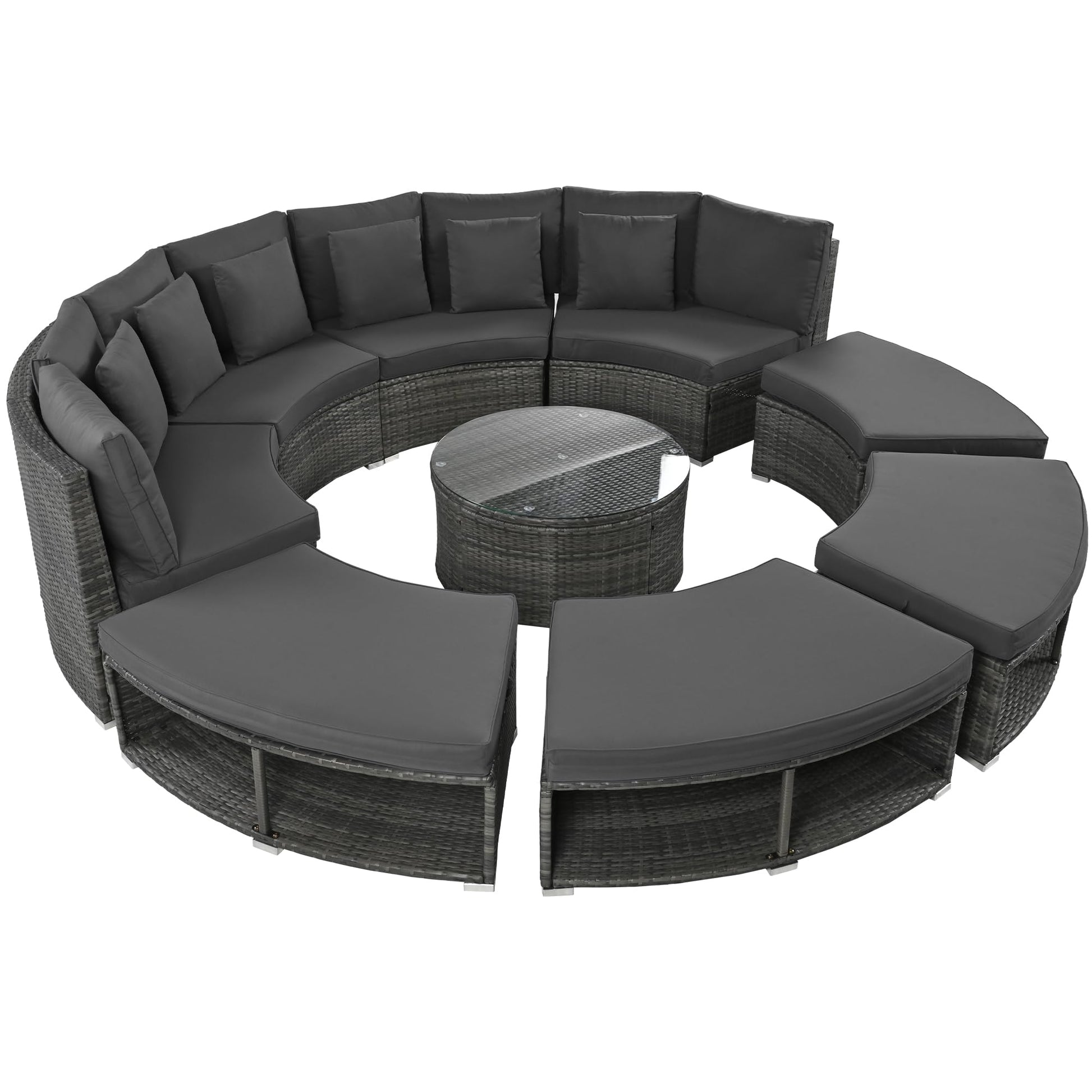 Merax 9-Pieces Outdoor Wicker Patio Conversation Furniture Set with Glass Table and 6 Pillows, Circular Sectional Sofa Conversation Set,Outdoor Patio Seating Sofas Set Grey - WoodArtSupply