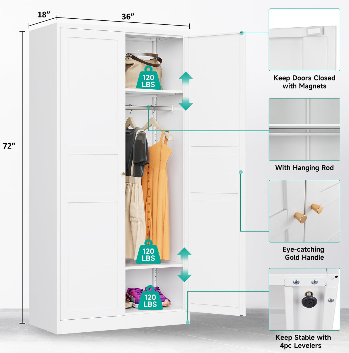 Metal Wardrobe Cabinet with Hanging Rod,White Armoire Wardrobe Closet,Metal Clothing Storage Cabinet with Adjustable Shelves and Doors,72" Wardrobe Storage Cabinet for Home,Living/Laundry Room SISESOL