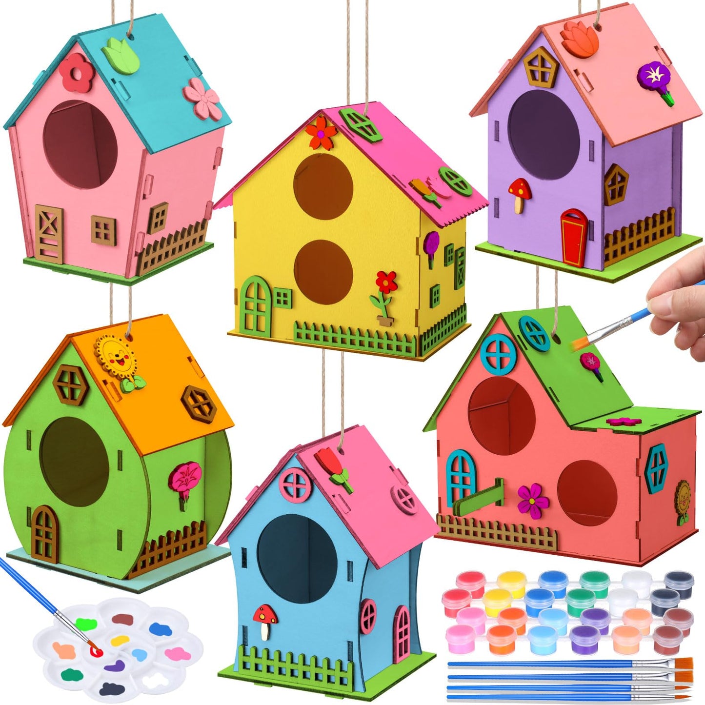 VioraWhite 14 Pcs Bird House Crafts Wooden Bird Houses to Paint DIY Birdhouse Kit Wood Building Projects Activities Arts and Crafts Kit Includes Paints Brushes Adults Build Craft