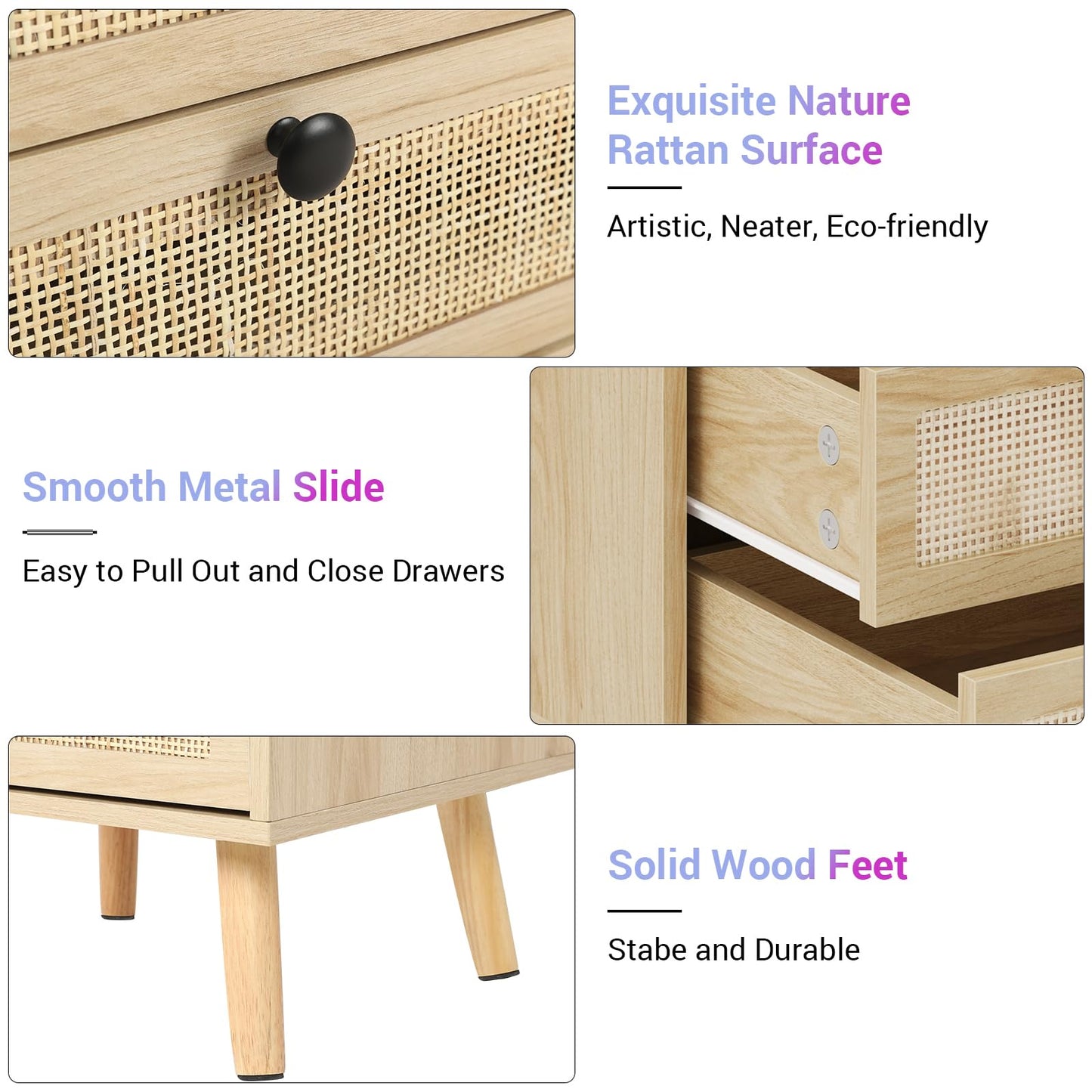 AOGLLATI Rattan Nightstands Set of 2, with Charging Station and LED Lights, Bed Side Tables with 2 Drawers and Open Storage, End Tables, Wood Night Stands for Bedroom, Natural