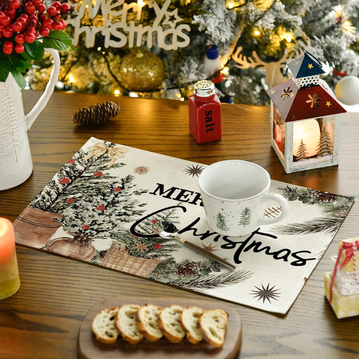 Artoid Mode Xmas Trees Holly Pine Cone Merry Christmas Placemats Set of 6, 12x18 Inch Seasonal Winter Holiday Table Mats for Party Kitchen Dining Decoration Artoid Mode