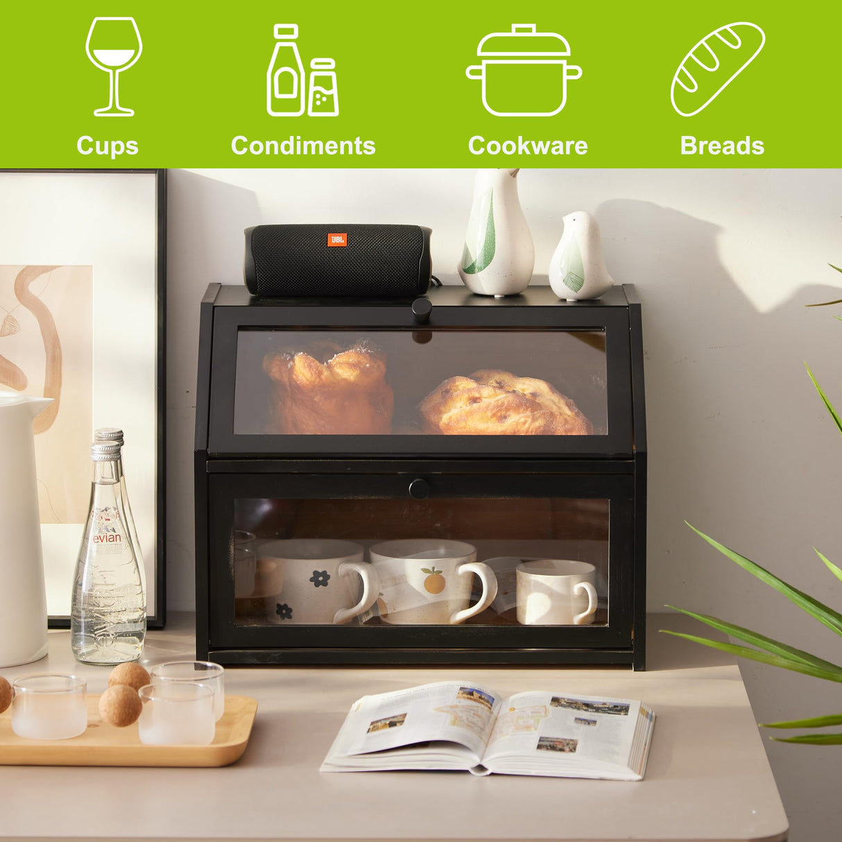 Farmhouse Bread Box for Kitchen Countertop Bread box Double Layer Bamboo Wooden Extra Large Capacity Bin Kitchen Food Storage Container(Black) BMOSU