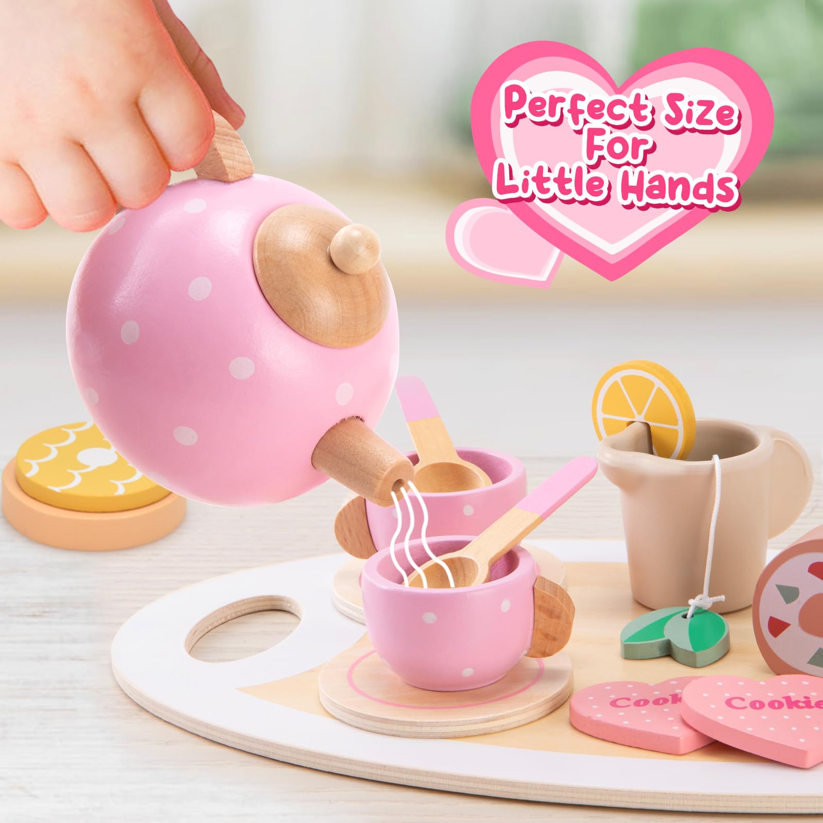 Atoylink Wooden Tea Party Set for Little Girls Toys Kids Play Kitchen Toddler Tea Set with Play Food & Cupcake Stand Pretend Play Wooden Toys for 2 3 4 5 6 Year Old Girl Christmas Birthday Gi - WoodArtSupply