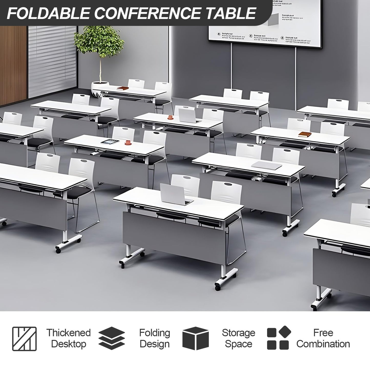 4PCS Folding Conference Table, Modern Mobile Meeting Table with Silent Wheels 47.2" D X 23.6" W X 29.5" H Wood Training Table for Office Reception Classroom Training