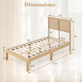 KOMFOTT Twin Size Wood Platform Bed Frame with Rattan Headboard, Boho Rubber Wood Bed Frame with Plywood Slats & Under-Bed Storage, Platform Bed Frame, Mattress Foundation, No Box Spring Needed KOMFOTT