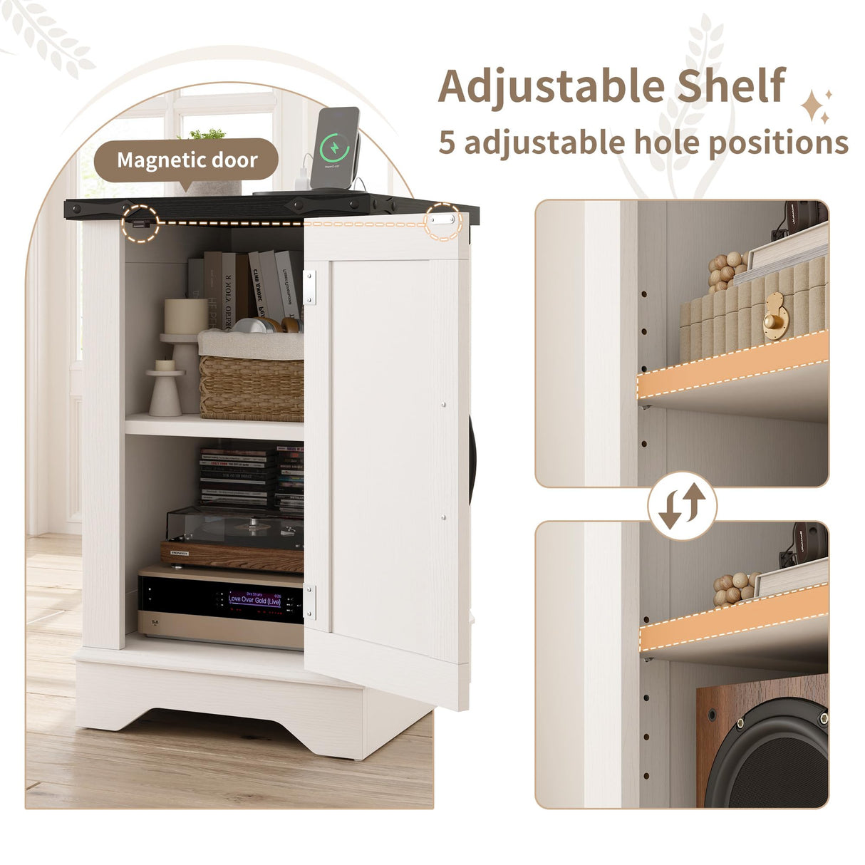 EnHomee End Tables with Charging Station,25" Farmhouse Wood Nightstand with Barn Door,Large Sofa Side Table with Adjustable Storage Shelf for Bedroom,Drawing Room,Hallway,Antique White EnHomee