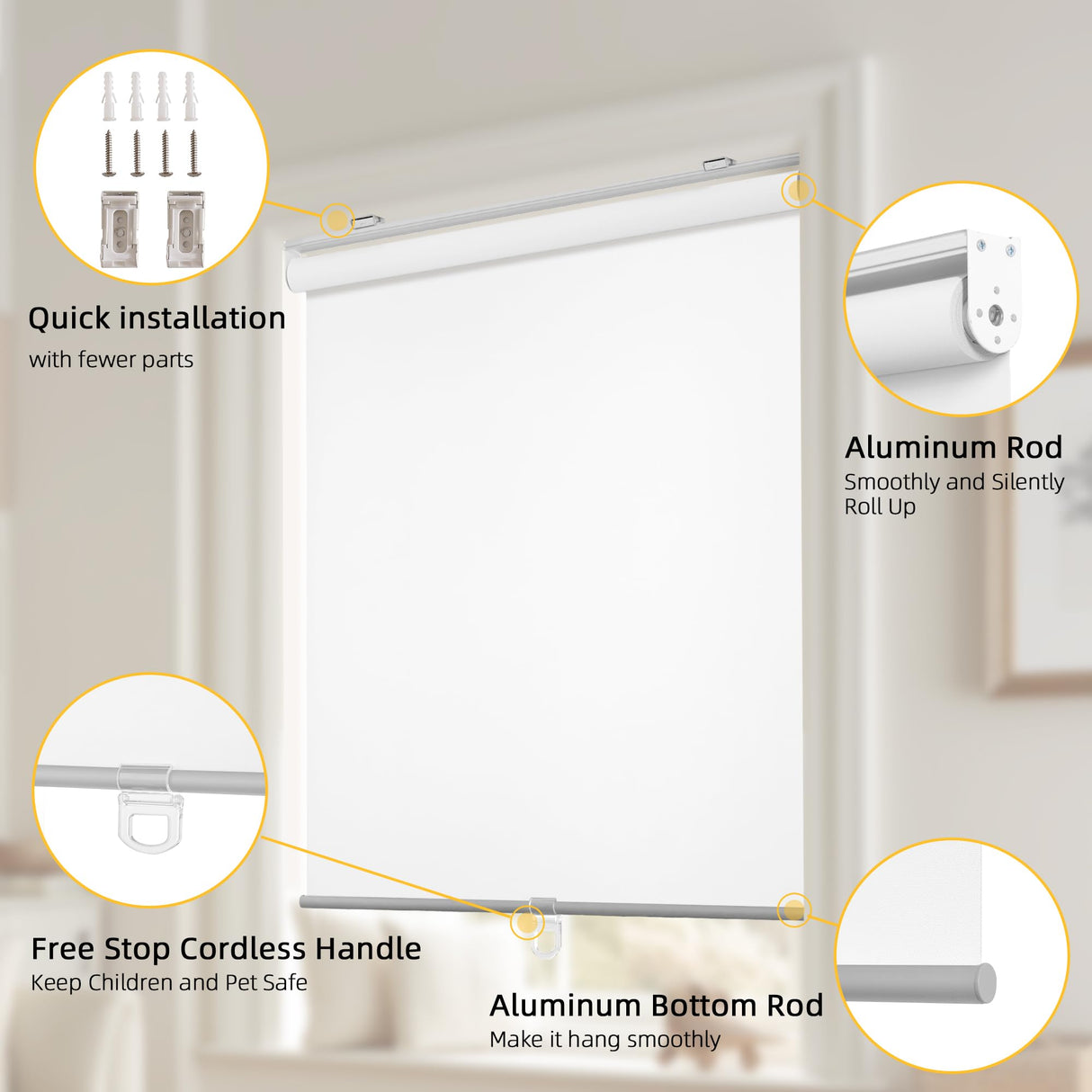 ChrisDowa Cordless Free-Stop 100% Blackout Blinds for Windows, Roller Windows Shades with Thermal Insulated, UV Protection Fabric for Living Room, Office and Home. Easy to Install.White,34" W X 72" H ChrisDowa