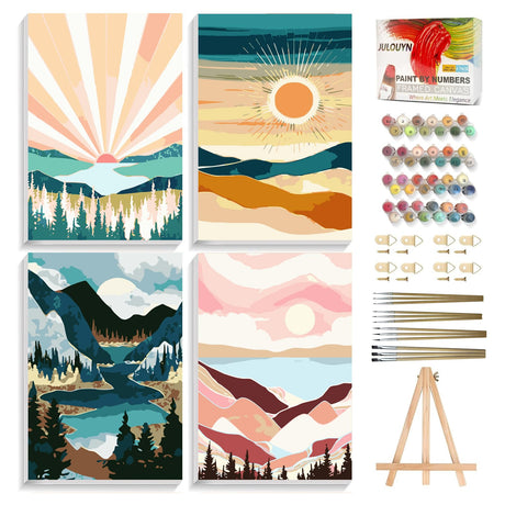 Julouyn 4 Pack National Park Paint by Numbers Kit for Adults with Framed, Sunset Sunrise Mountain Easy Paint by Number Kits On Canvas with Wooden Easel, Painting by Numbers for Beginner Gift 8x12 in Julouyn