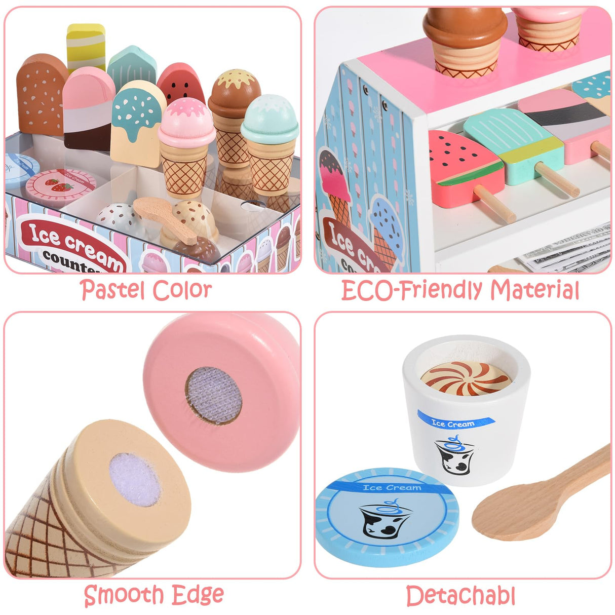Wooden Ice Cream Toys Kids Kitchen Play Store for Toddlers Girls, Play Kitchen Accessories with Scoop & Menu & Fake Money, Wooden Toys for 3 4 5 Year Old Girls Boys Birthday Toyssa
