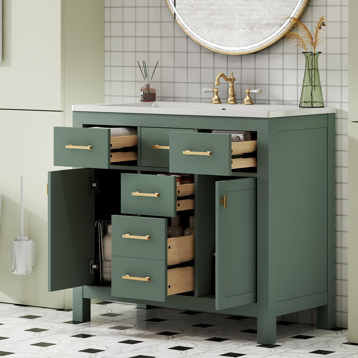 LUMISOL 36" Bathroom Vanity with Sink, Modern Green Bathroom Vanity with 4 Drawers & 2 Soft-Closing Doors, Free Standing Wooden Bathroom Cabinet with Resin Basin, Green LUMISOL