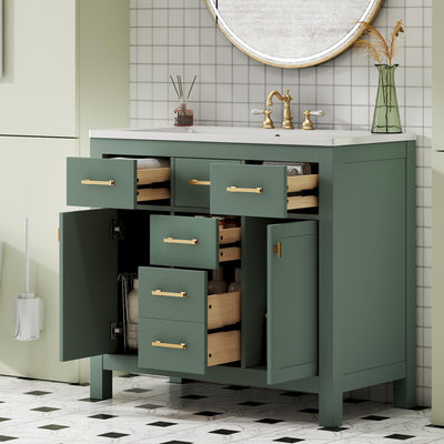 LUMISOL 36" Bathroom Vanity with Sink, Modern Green Bathroom Vanity with 4 Drawers & 2 Soft-Closing Doors, Free Standing Wooden Bathroom Cabinet with Resin Basin, Green