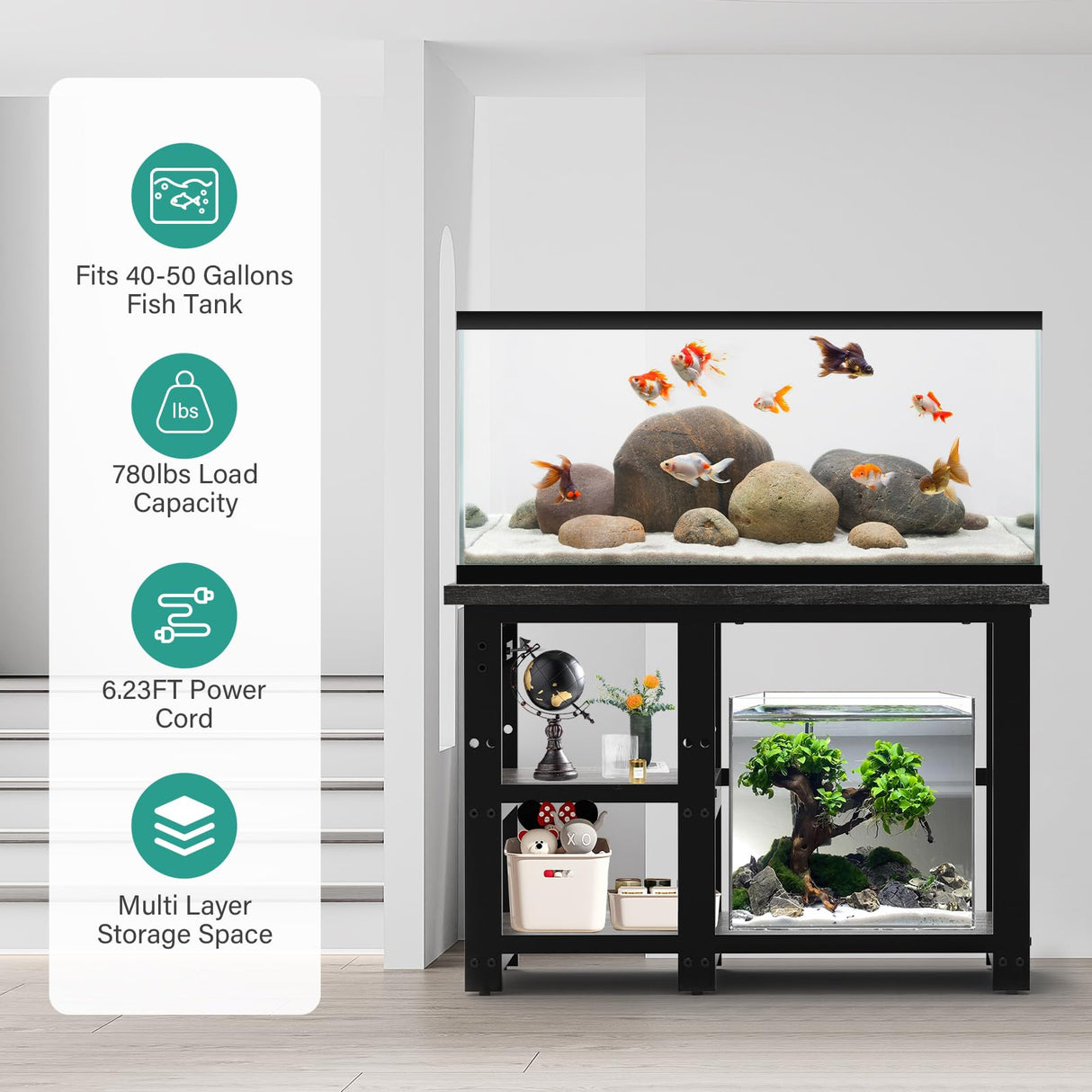 AQQA 40-50 Gallon Fish Tank Stand with 5 in 1 Power Outlets, 36x18 Inch Heavy Duty Metal Frame Aquarium Stand, Adjustable Storage Shelves, 720LBS Capacity Terrarium Stand, 3 Tiers Reptile Tank Stand AQQA