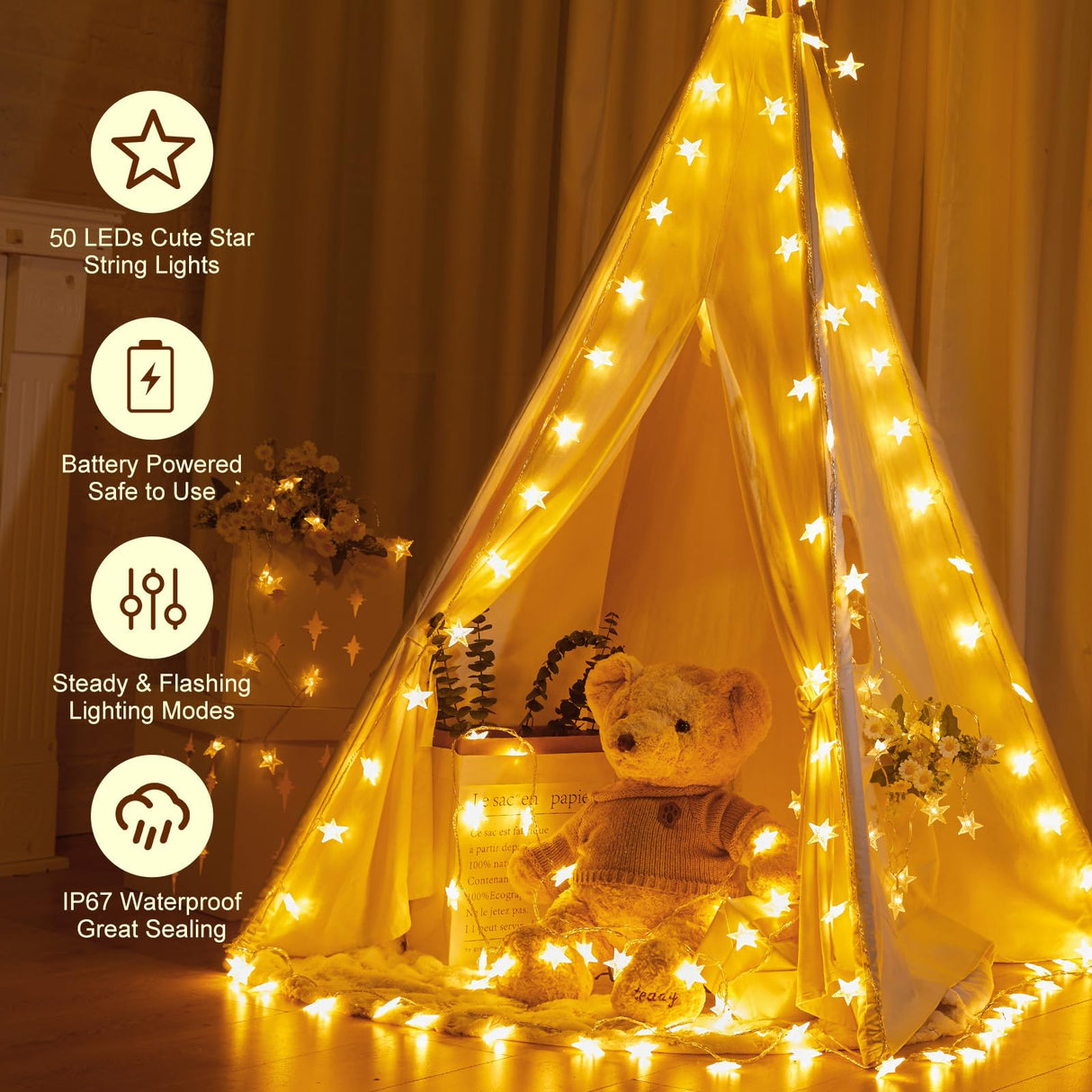 Minetom Star String Lights Battery Operated - 17 ft 50 LED Star Fairy String Lights with Timer, Waterproof for Indoor Bedroom Tent Loft Bed Patio Party Wedding Decor, Warm White Minetom