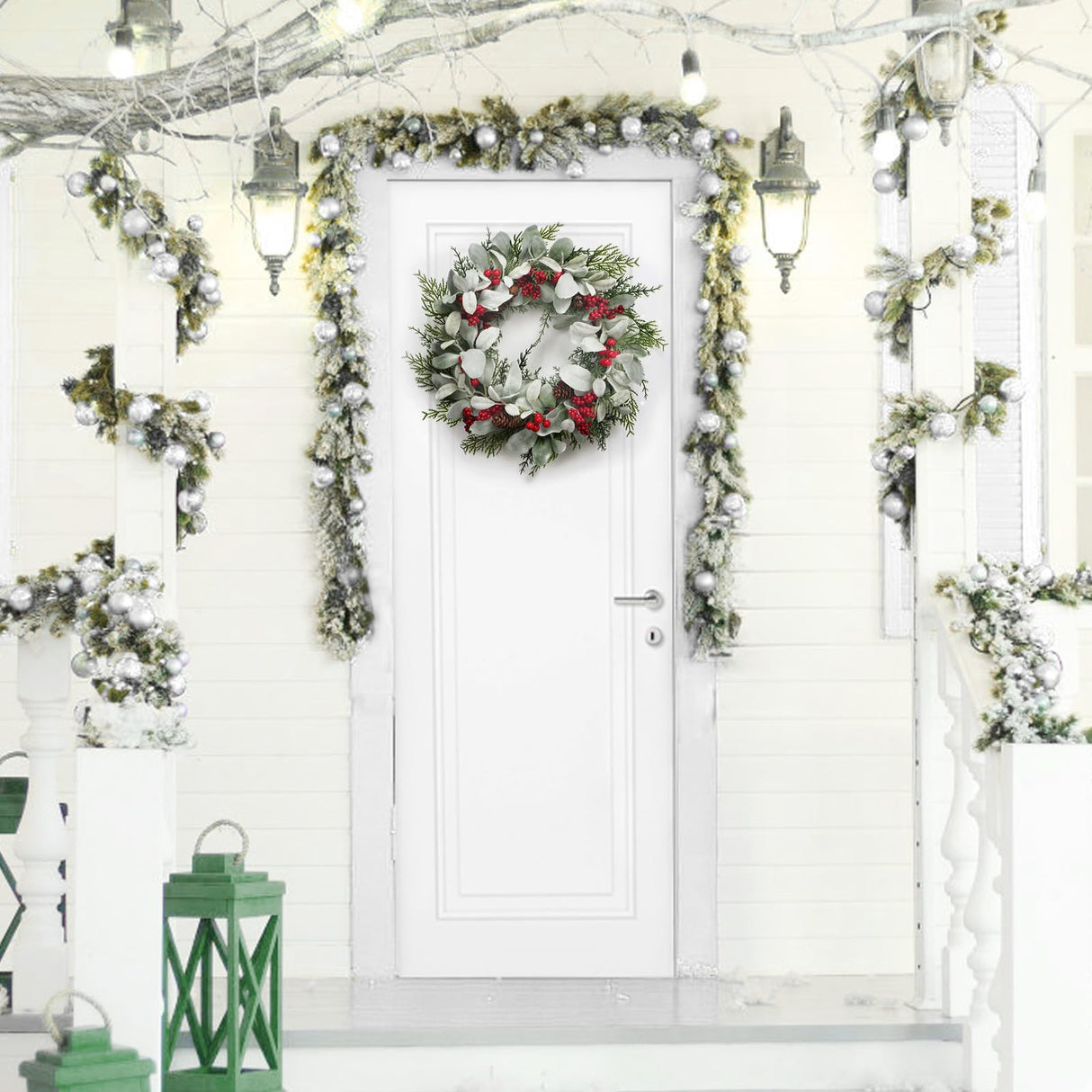 19'' Christmas Wreaths for Front Door, Aesthete Lambs Ear Wreath with Red Berries Pinecone Decor for Indoor Outdoor Christmas New Year Gift Kmise
