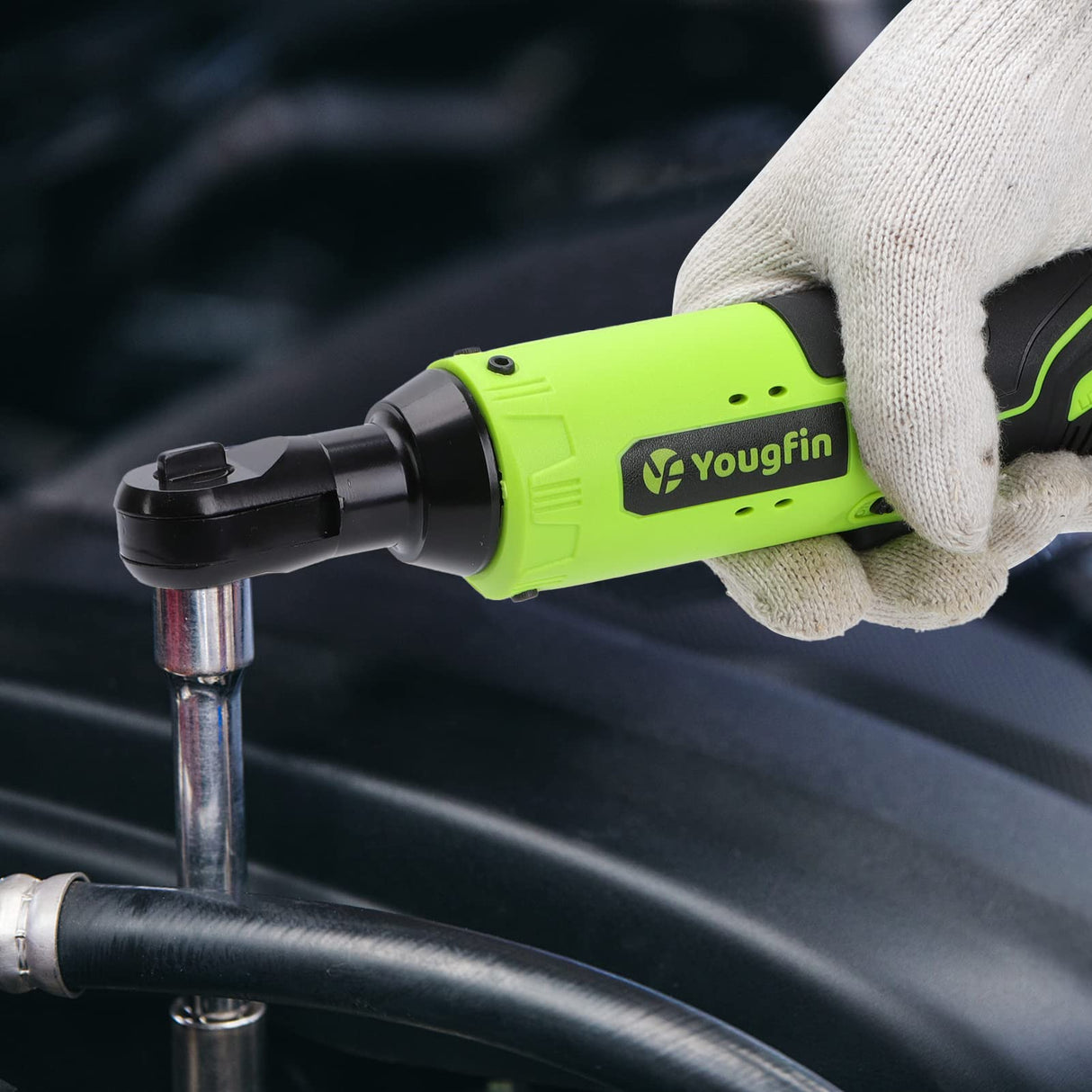 YOUGFIN Cordless Electric Ratchet Wrench 3/8", Power Socket Wrench 40 Ft-lbs, Brushless Torque Ratchet with 2 Batteries (2.0Ah) & Charger, Compact Electric Right Angle Ratchet for Car Narrow Space 12v Yougfin