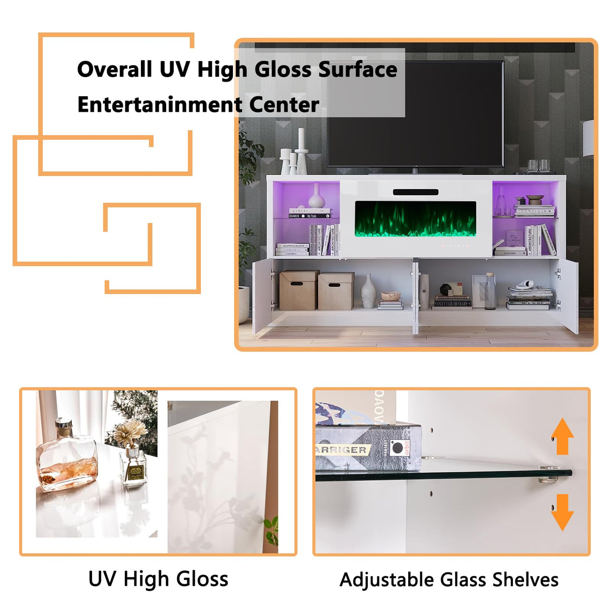 AMERLIFE Modern 3-Piece High Gloss Fireplace TV Stand & Bookcase Set in White AMERLIFE