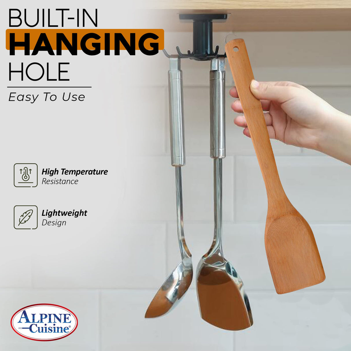 Alpine Cuisine Bamboo Wood Spatula 12-Inch with Wood Handle - Heat-Resistant Head with Curved Front for Scooping & Scraping, Kitchen Spatulas for Cooking, & Baking - Dishwasher-Safe & BPA-Free Alpine Cuisine