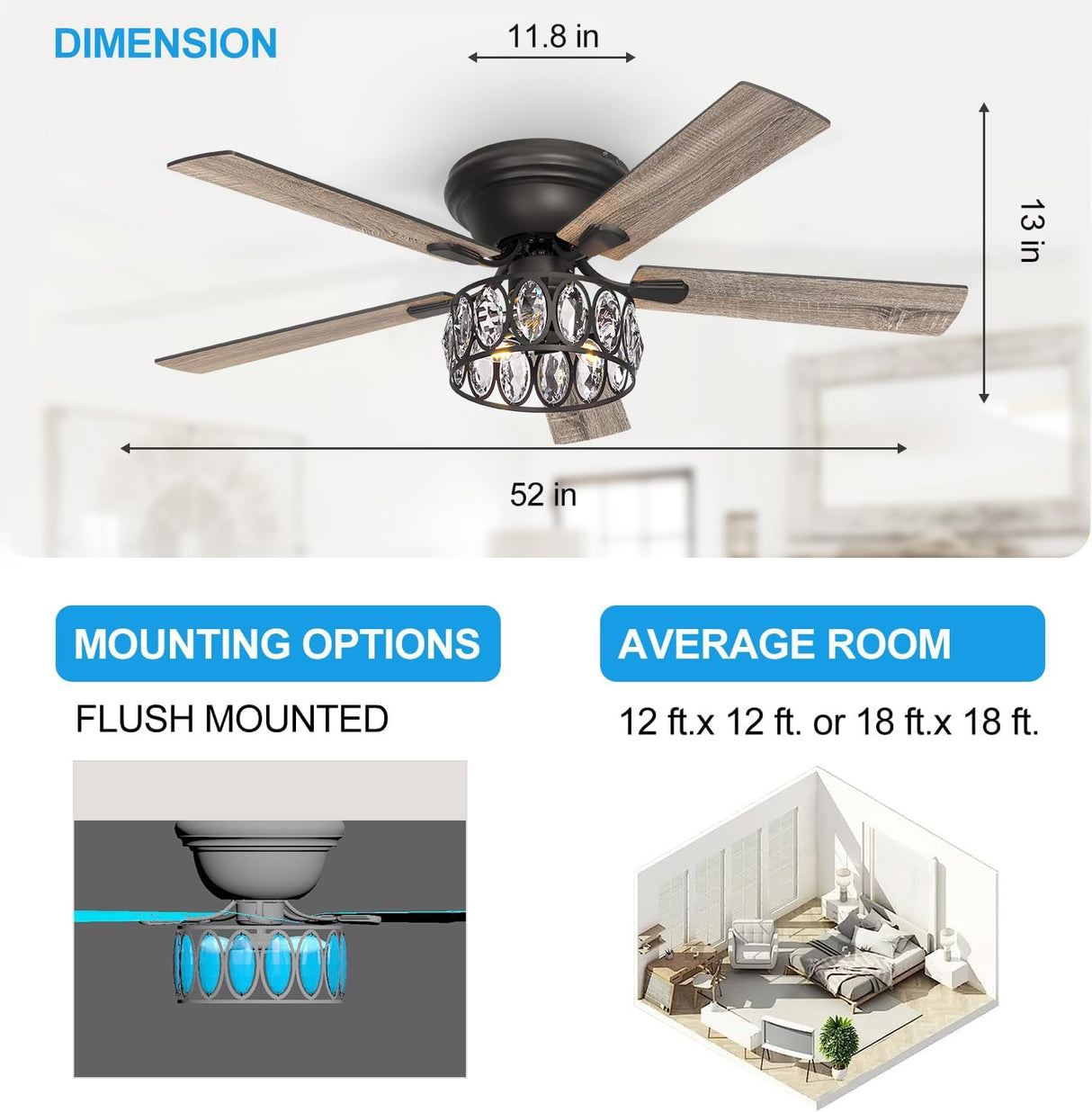 52 inch Flush Mount Black Ceiling Fans with Light Remote Control, 5 Reversible Blade Farmhouse Low Profile Ceiling Fan with Crystal Lighting Chandelier for Bedroom Breezary