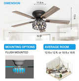 52 inch Flush Mount Black Ceiling Fans with Light Remote Control, 5 Reversible Blade Farmhouse Low Profile Ceiling Fan with Crystal Lighting Chandelier for Bedroom Breezary