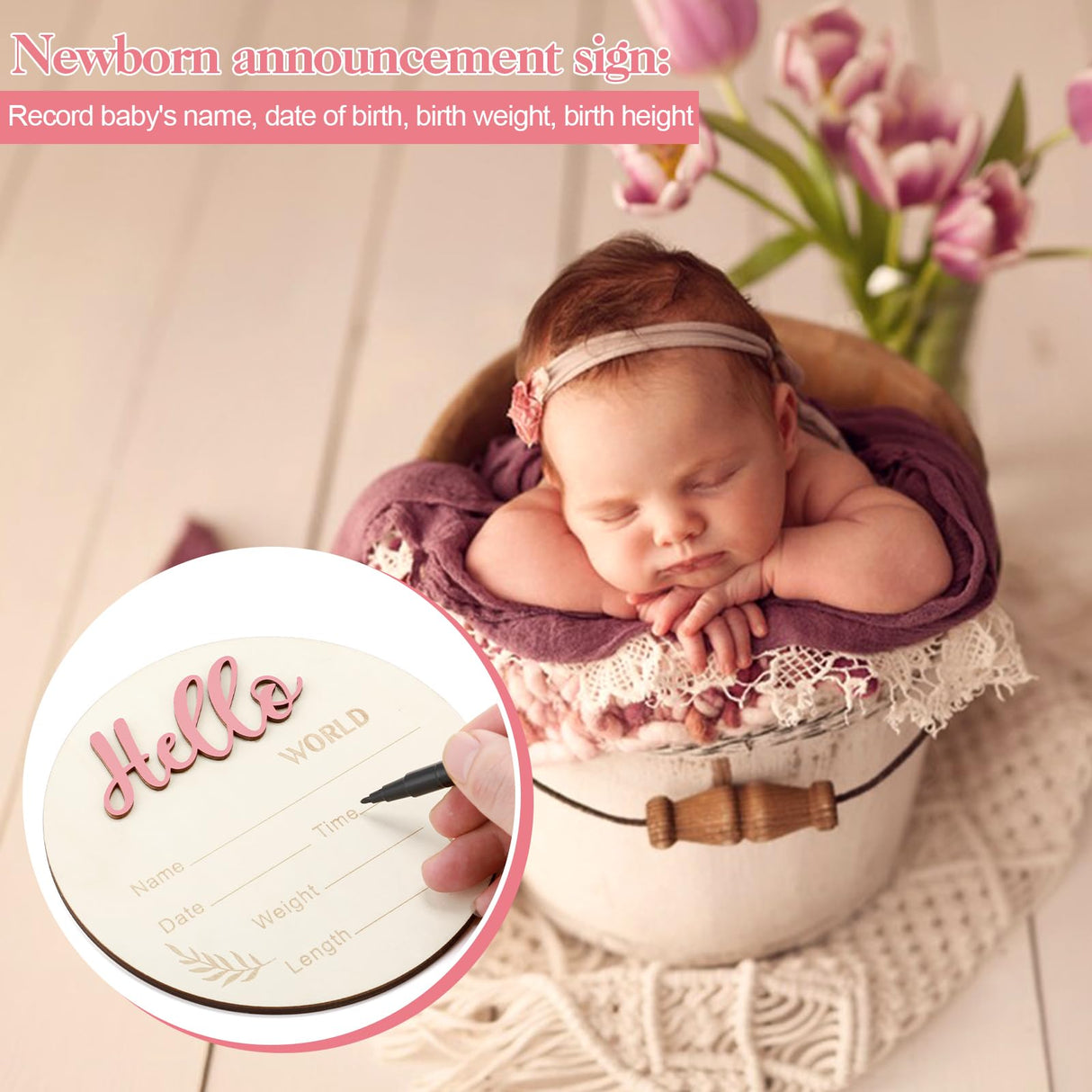 2 Pcs Baby Announcement Sign, 5.9in Hello World Newborn Sign with Ink Pad Pen, Birth Announcement Sign Wood Baby Name Sign for Hospital Nursery Baby Shower Photo Prop auroray