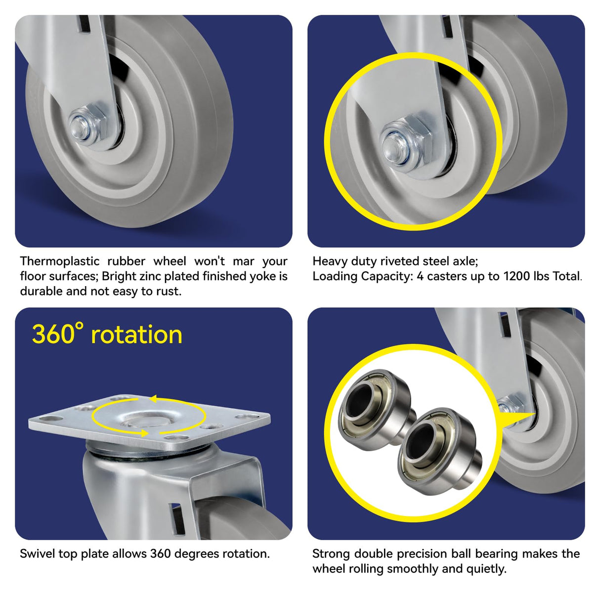 NINOSO Caster Wheels, 4" Heavy Duty Industrial Casters Set of 4 with Load 1200lbs Capacity, Wheels for Cart Furniture(2 Swivel & 2 Rigid) Ninoso