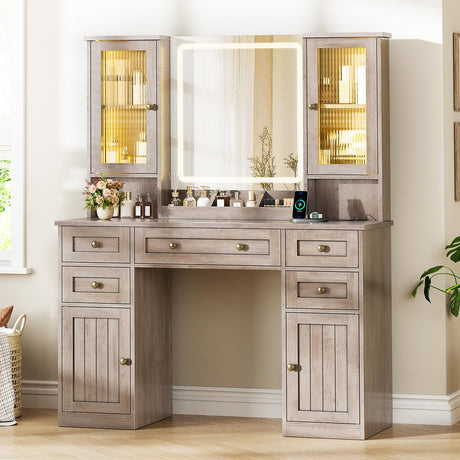 MSmask Vanity Desk with LED Mirror & 3 Color Modes, Large Makeup Vanity with 2 RGB Lights Cabinets, Glass Top Vanity Table with 5 Drawers & Power Outlet, Farmhouse Vanity, Grey MSmask