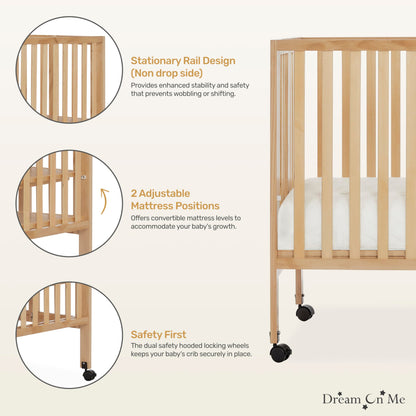 Dream On Me Quinn Full-Size Folding Crib in Natural, Removeable Wheels, Modern Nursey, Adjustable Mattress Support, Portable Crib, Patented Folding System - WoodArtSupply