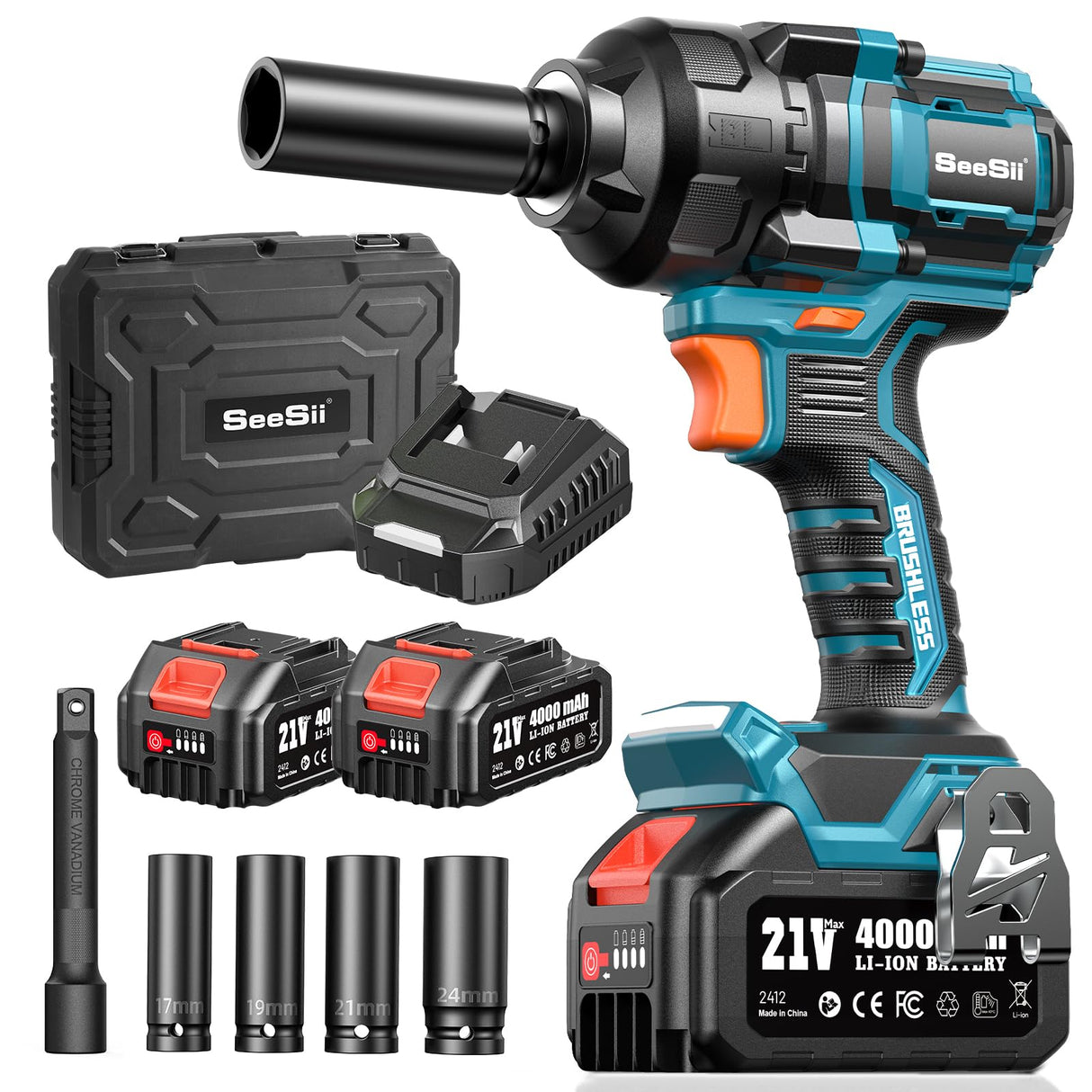SEESII Impact Wrench 900 FT-LBS(1200N.m) 2900IPM 1/2 Impact Gun High Torque Electric Cordless Impact Wrench with 21V 2x4.0Ah Battery 5 Sockets and Case for Home Car Truck Tire Lug Nut Removal Tool Set Seesii