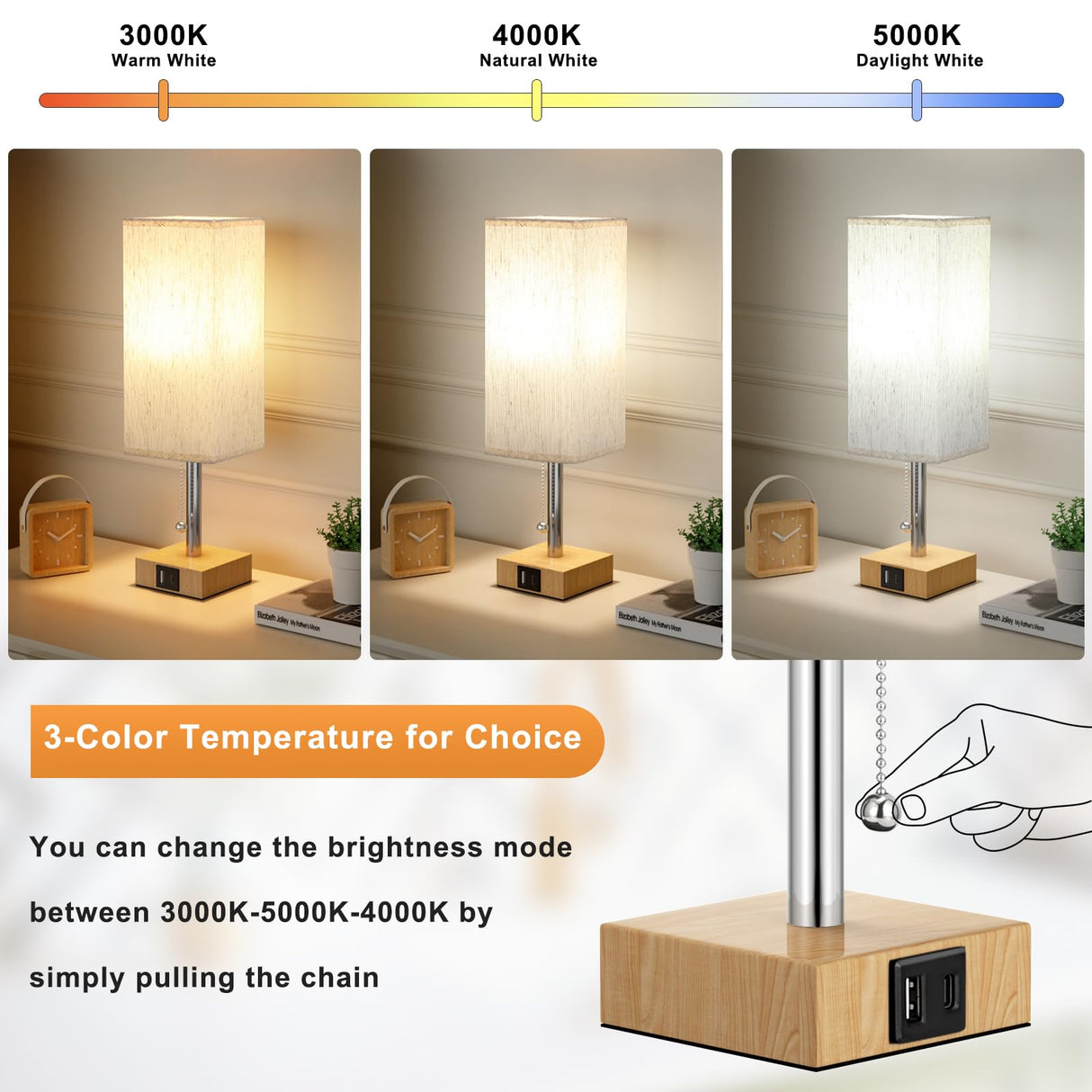 Wood Grain Bedside Table Lamps Set of 2 - Bedroom Lamps with 3 Color Temperatures (3000K/5000K/4000K), Two Square Nightstand Lamps with USB C + A Charging Ports, Pull Chain Small Night Light aooshine