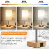 Wood Grain Bedside Table Lamps Set of 2 - Bedroom Lamps with 3 Color Temperatures (3000K/5000K/4000K), Two Square Nightstand Lamps with USB C + A Charging Ports, Pull Chain Small Night Light aooshine