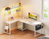 ODK 53 Inch L Shaped Desk with LED Lighting, Reversible Gaming Desk with Power Outlets, Cornor Computer Table with Storage Shelves & Bag & Iron Hook, Home Office Table for Writing, Study, White ODK