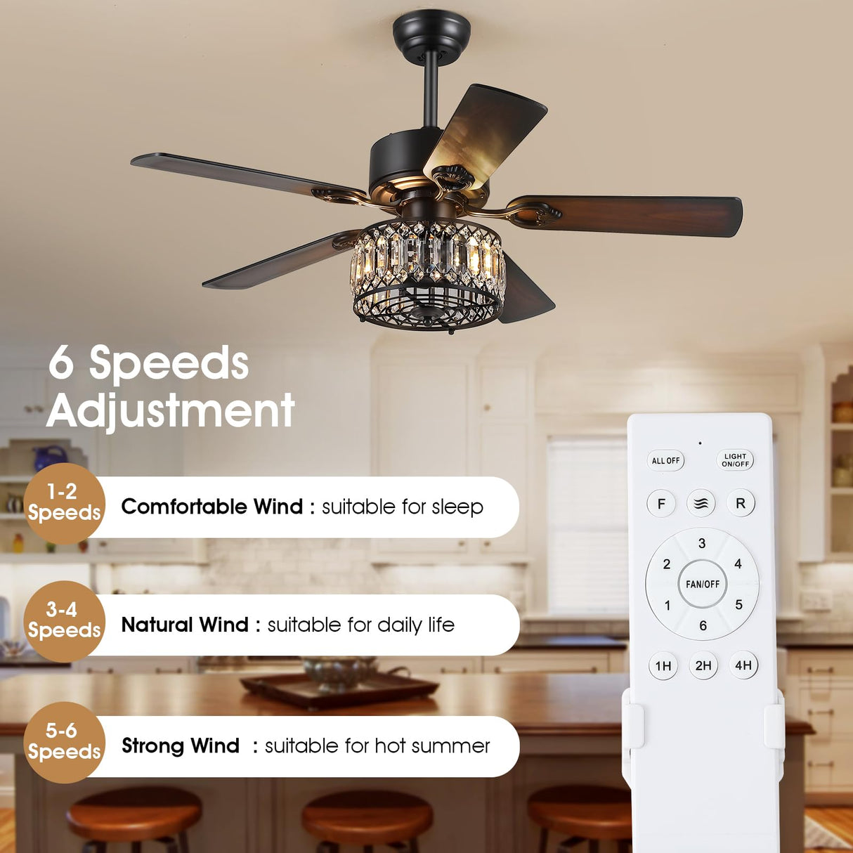 Kviflon Farmhouse Ceiling Fans with Lights and Remote, 48 Inch Indoor Chandelier Ceiling Fan with Light, Crystal Fandelier Ceiling Fans for Living Dining Room Bedroom, Wood Blades, Quiet, Black Kviflon