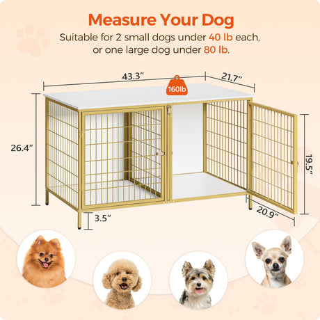 MAHANCRIS Dog Crate Furniture for 2 Dogs, 43.3" Dog Kennel with Removable Divider, Heavy Duty Wooden Dog Kennel for Small Medium Dog, Indoor Dog Cage End Table with Double Doors, White DCJW1201 MAHANCRIS