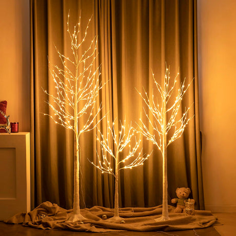 LightsUp Birch Tree with LED Lights 4+6+8FT, 3PK Artificial Christmas Tree Prelit with 8 Lighting Modes and Timer, Lit Twinkling Twig Tree Warm White for Xmas Home Outdoor Indoor Decoration LightsUp