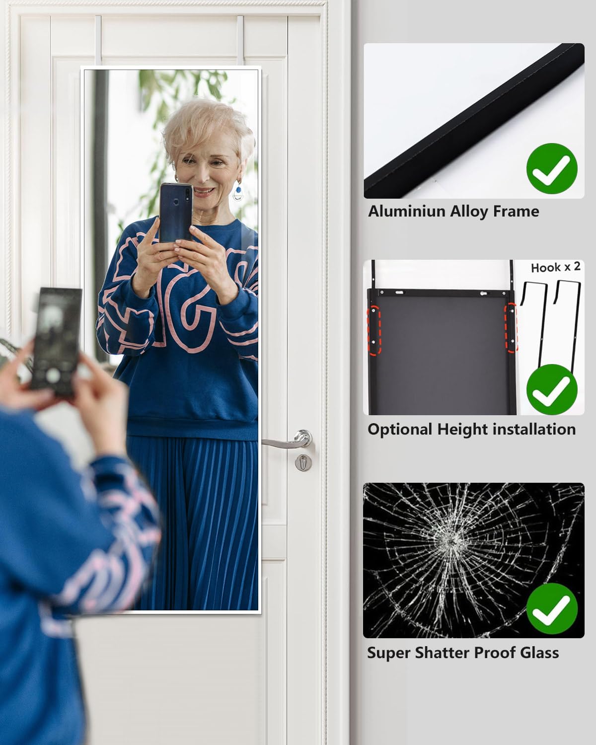 DMWOODFL 48" x 14" Over The Door Mirror Full Length Mirror Door Mirror Wall Mirror Hanging with 2 Metal Hangers for Bedroom Living Room Bathroom White DMWOODFL